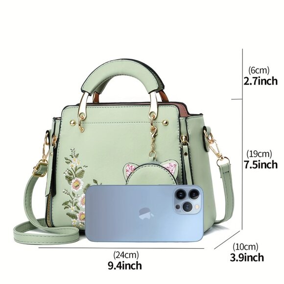 Embroidered Satchel w/ Crossbody Strap & Cat Coin Purse - White Faux Leather - Picture 2 of 12